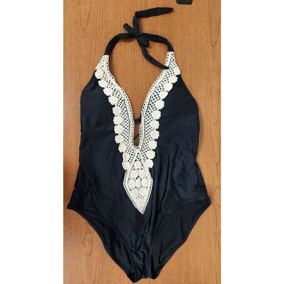 Kona Sol Women's LARGE Crochet Trim Plunge One Piece Swimsuit - Picture 4 of 10